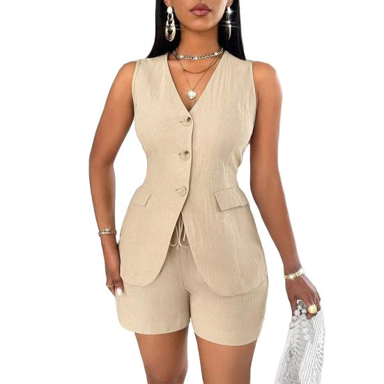Женский летний комплект из 2 предметов без рукавов с V-образным вырезом и пуговицами, жилет, топ, шнуровка, шорты, повседневный офисный женский деловой костюм