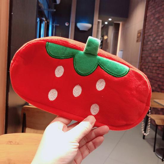 Pencil Case Large Capacity Zipper Closure Creative Portable Flannel Cartoon Strawberry Shape Pencil Bag Home Supplies