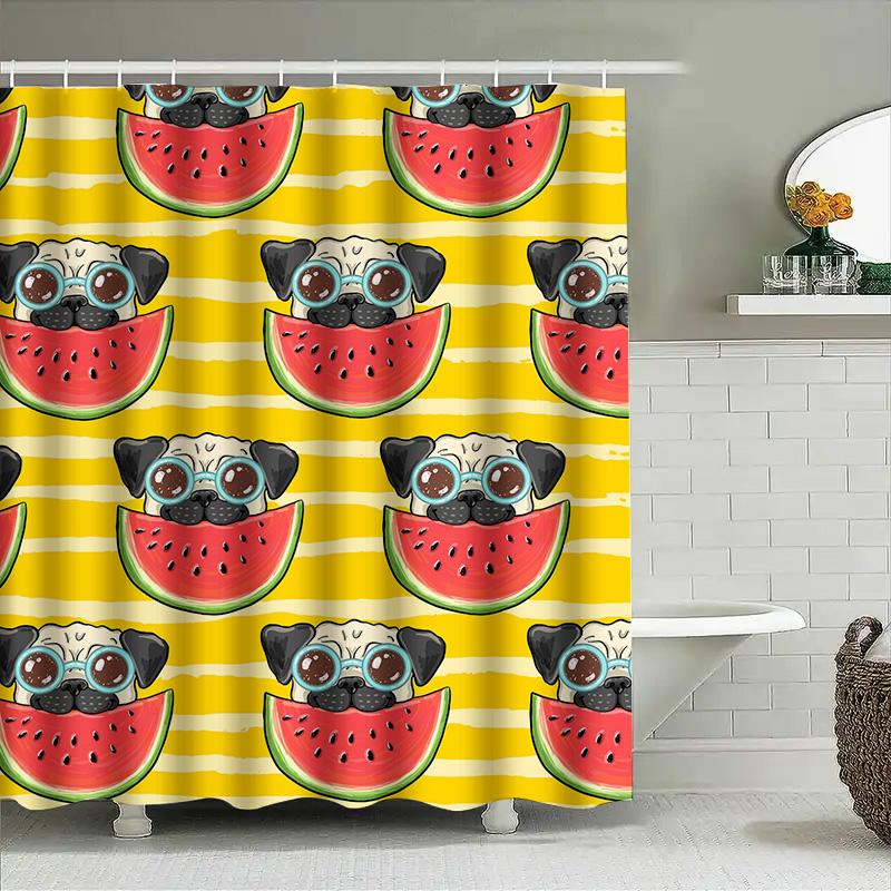 Whimsical Pug Watermelon Shower Curtain for Bathroom Decor Customizable Size Printed with HD Quality Fabric Yellow Series (240cm