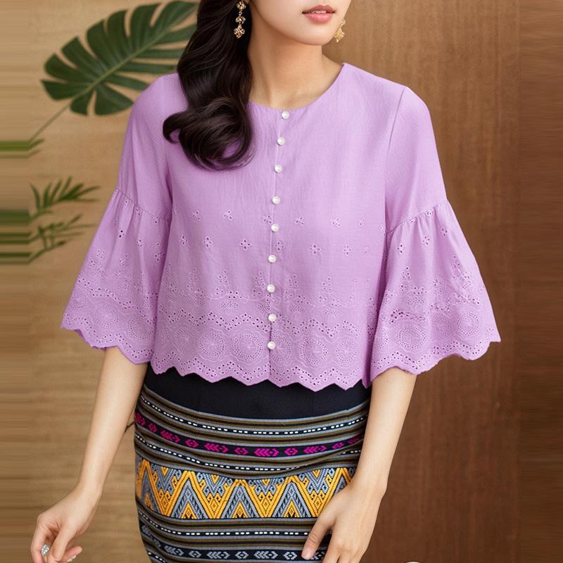 ZANZEA Женская повседневная блузка с круглым вырезом и рукавом 3/4 с вышивкой