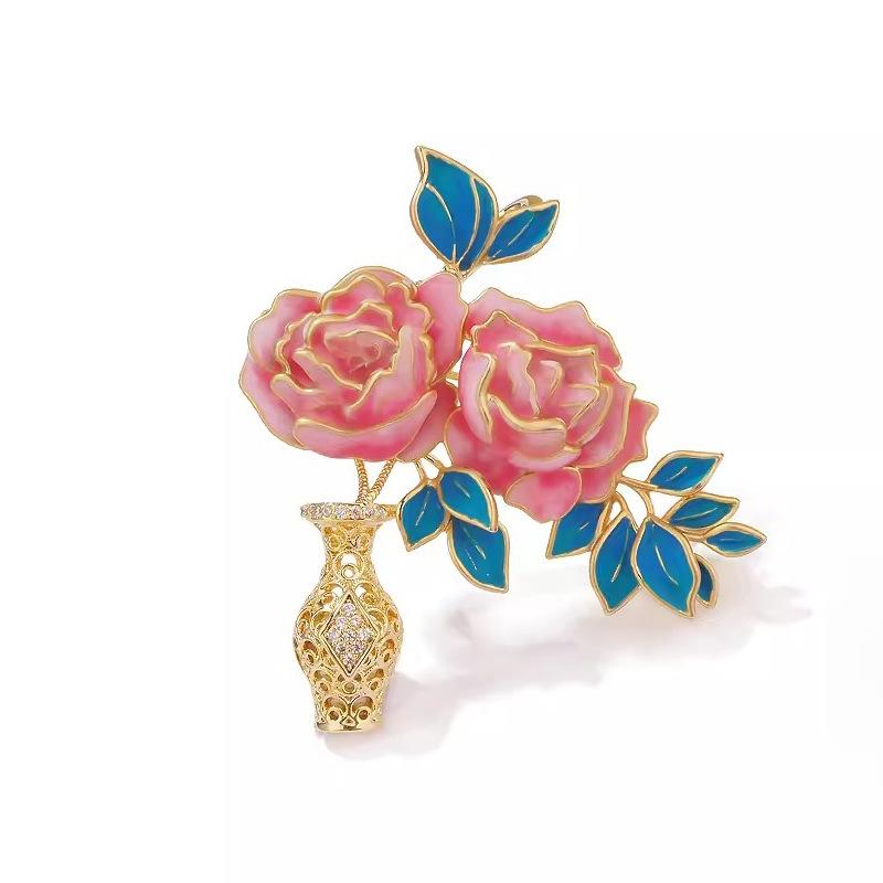 Chinese-style Peony Vase Brooch, High-end Women's Exquisite Enamel Brooch, Niche Design Sense Brooch