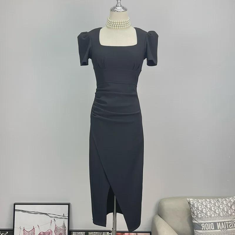 Элегантное ретро-платье миди с квадратным вырезом, плиссировкой, рукавами-фонариками и разрезом