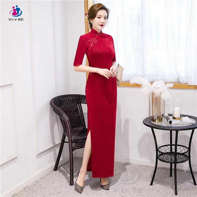 Golden velvet cheongsam autumn and winter mother wedding clothes Xi mother-in-law wedding dress elegant dress Chinese style