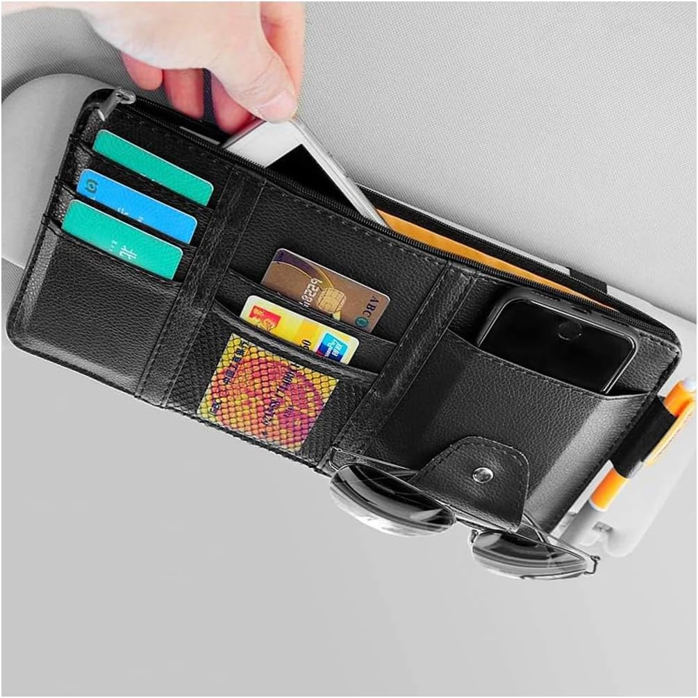 Car Sun Visor Organizer, Auto Car Interior Leather Accessories Storage Pocket Sun Visor Pouch Case Bag for Card License Registration Pen Mobile Phone