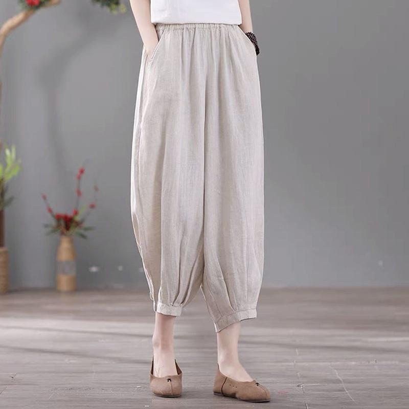 WTEMPO Укороченные брюки в стиле ретро больших размеров, свободные повседневные универсальные шаровары, тонкие женские брюки из хлопка и льна, шаровары