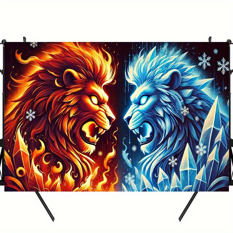 2D flat background cloth of the lion confrontation between fire and ice party decoration suitable for home polyester fiber