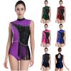 Womens Figure Skating Bodysuit Glittery Rhinestones Back Hollow Out Tassel Waist Color Blocked Leotard