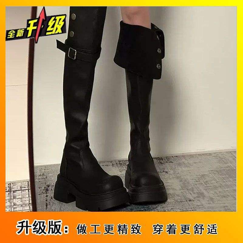 Складные бархатные сапоги женские маленькие рыцарские высокие сапоги 2025 осень и зима новая толстая подошва инс двойного ношения сапоги до колена