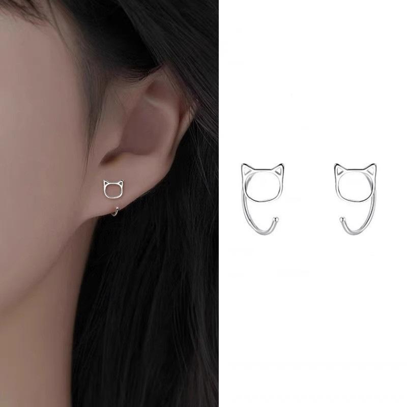 Fashion Simple Hollow Cute Cat Stud Earrings for Women Girls Silver Color Hypoallergenic Earrings Teen Jewelry