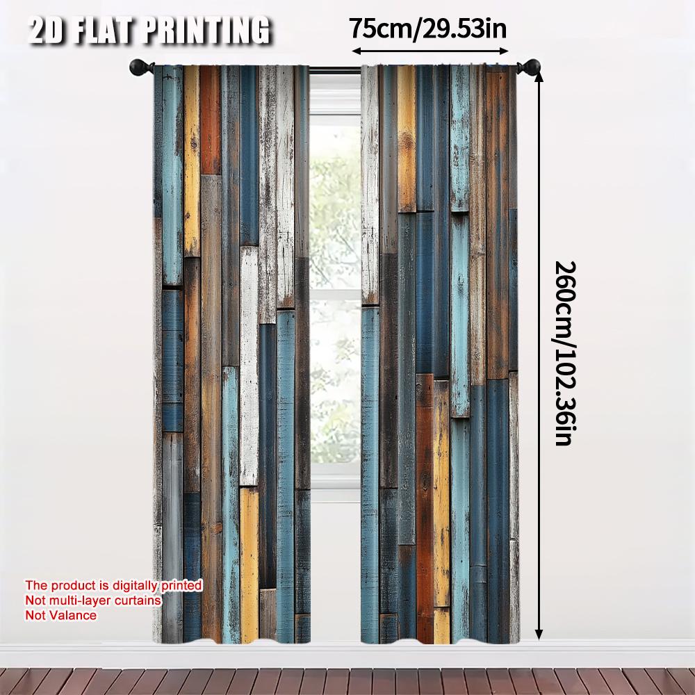 2pcs, Popular Curtain Panels 2D print Retro Faux Wood Plank Machine Washable Fabric (without rod) Gifts Perfect for Living Room,