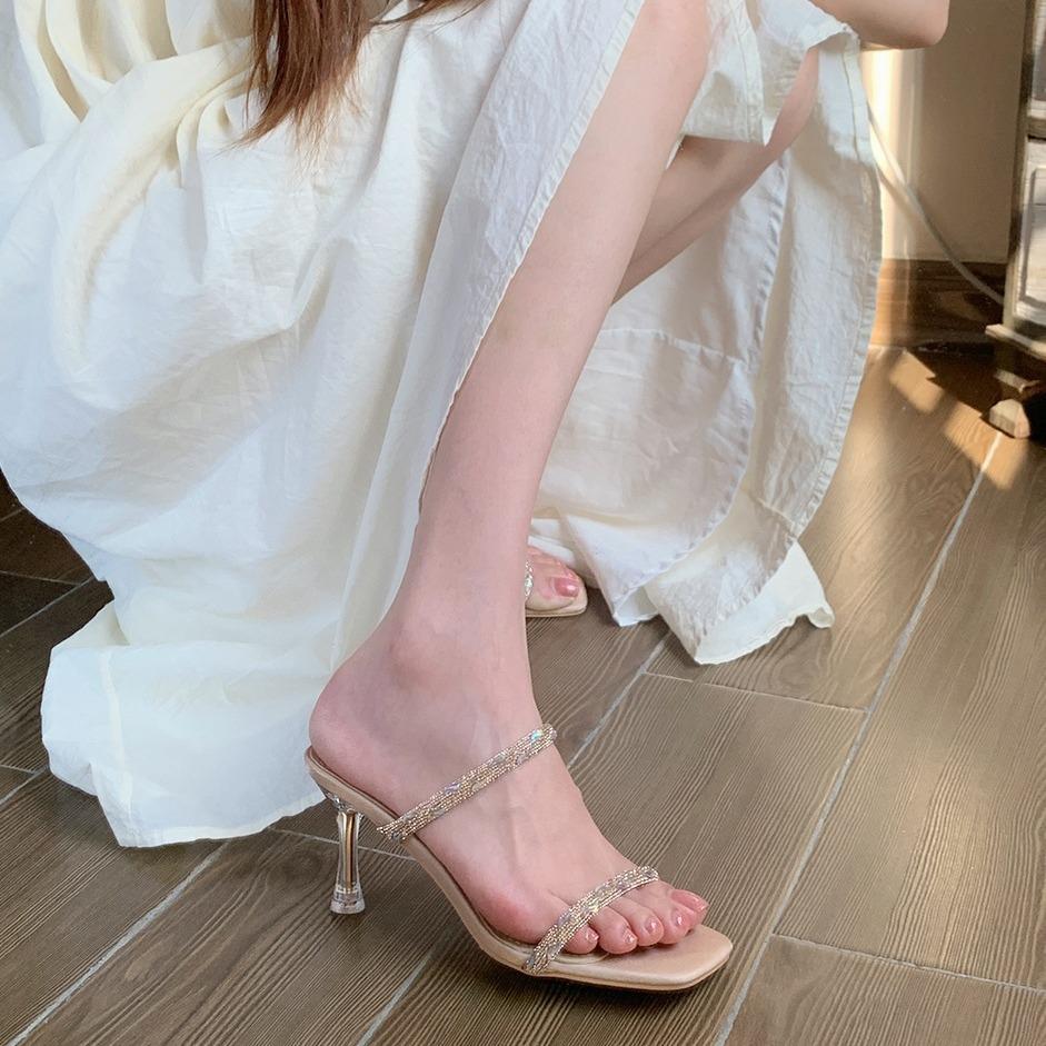 Rhinestone Fairy Wind Sandals 2025 New Summer Stiletto Nude Word with Slippers High Heels Temperament Socialite