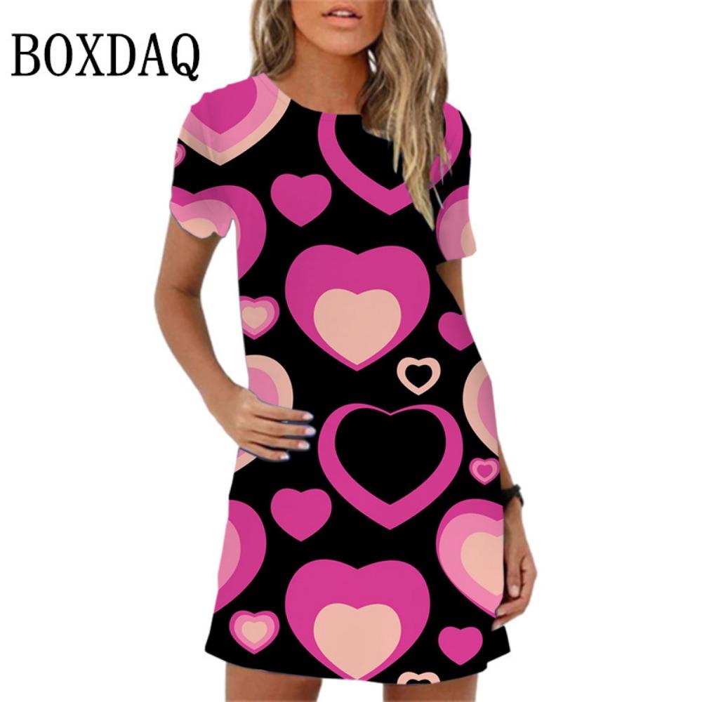 Элегантное и милое мини-платье с принтом в виде любви для женщин и девочек, с короткими рукавами, летнее, весеннее, просторное платье-сарафан