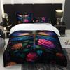 3Pcs Colorful Dragonfly And Rose Floral Bedding Duvet Cover Set, Featuring A Dragonfly Rose Garden Design. This Floral-Themed