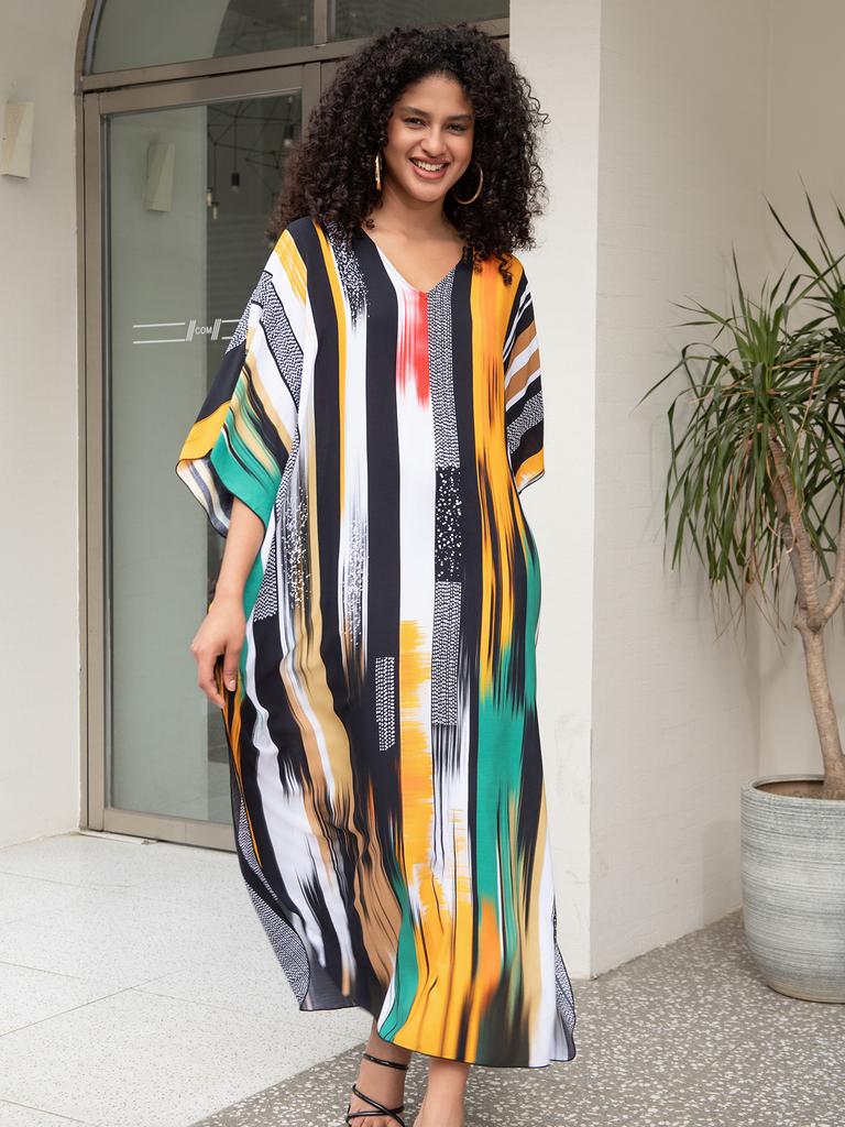 Printed Beach Dresses Viscose Kaftans for Women Summer Plus Size Loose Robe Holiday Living Room Bathing Suits