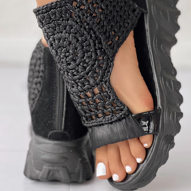 Sandals Women Braided Geometric Wedge Sandals Knitted Elastic Summer Shoes Mesh Flat Sandals Hollow Female Platform Shoes Gold