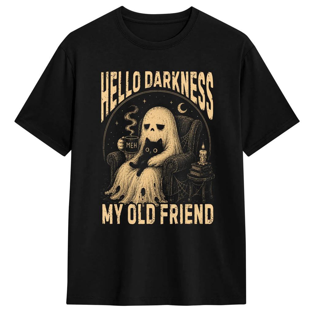 Leisure Hello Darkness My Old Friend Funny Black Cat Lover T-Shirt Round Collar Pure Cotton T Shirt Short Sleeve Tees Gift