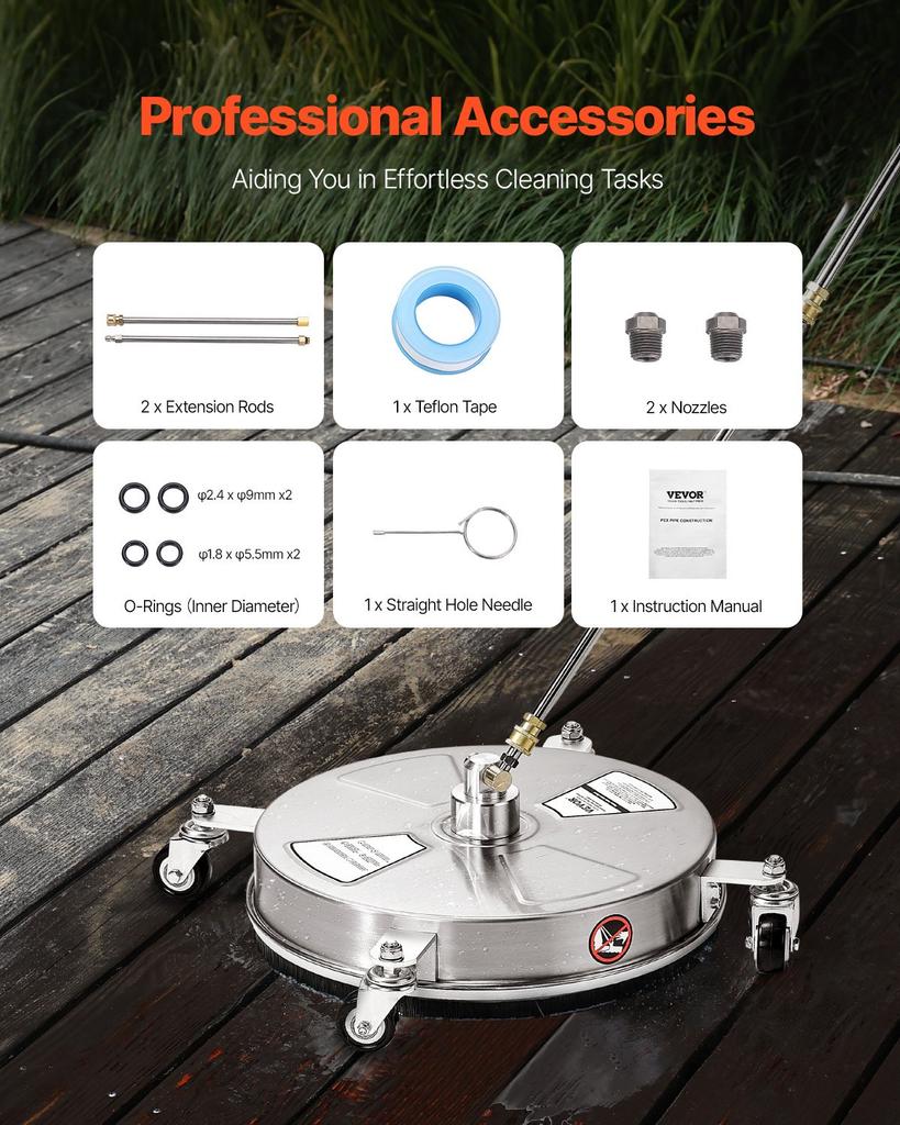 VEVOR 16.5" Pressure Washer Surface Cleaner, Stainless Steel Pressure Washer Attachments with 4 Wheels, 4000 Max PSI, 1/4 Quick Connector