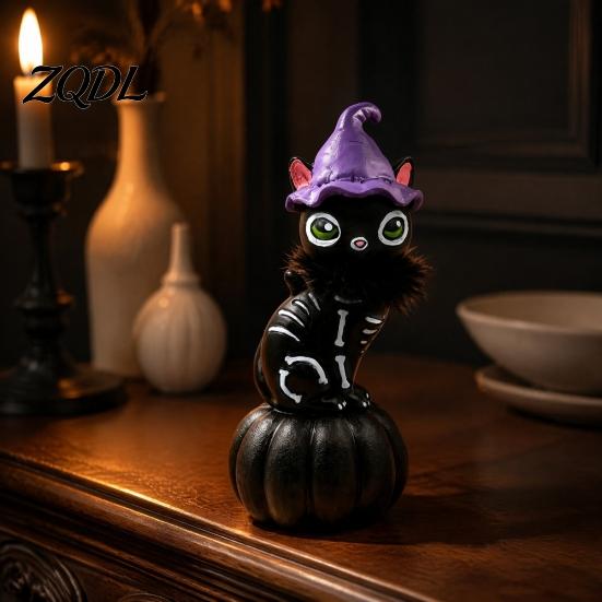 Atmospheric Living Room Decor Halloween Pumpkin Witch Hat Black Cat Ornament, Resin Desktop Skeleton Spooky Tabletop Statues Statue, Creative Cartoon