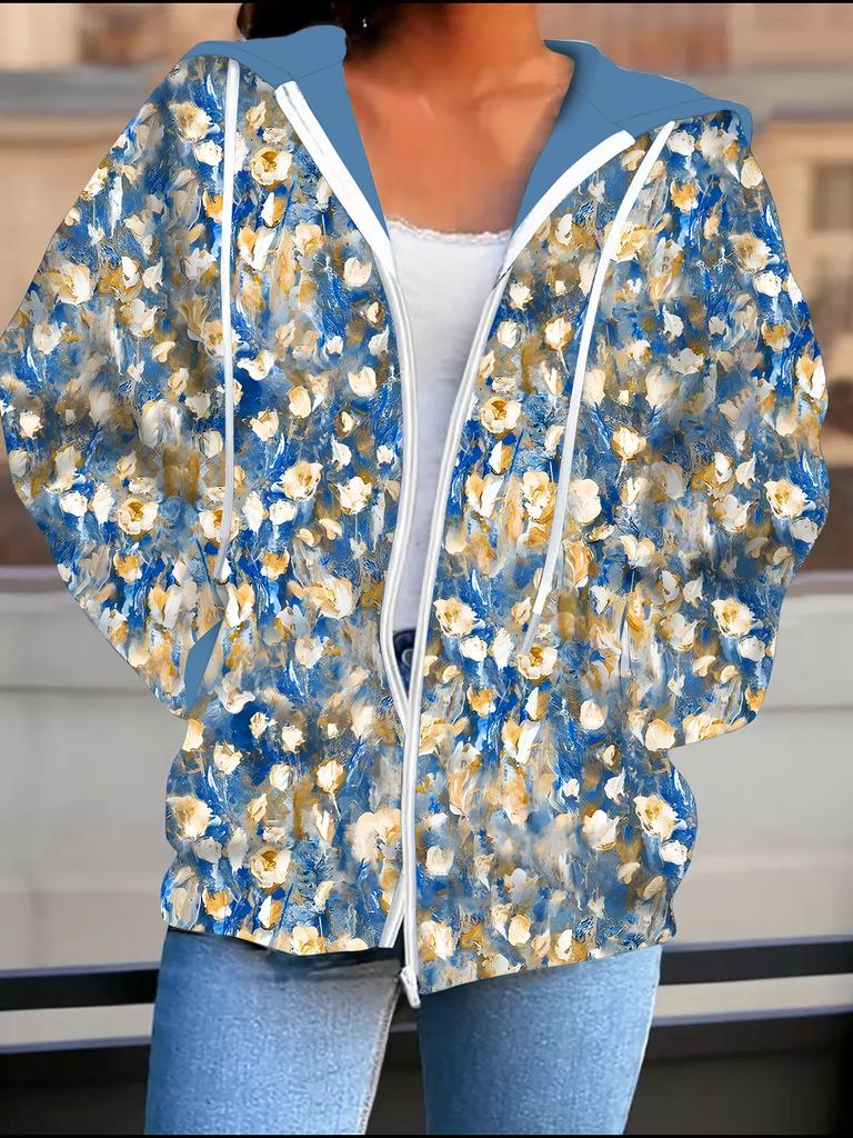 Flower 3D Printed Hooded Cardigan Plus Size Autumn Winter Retro