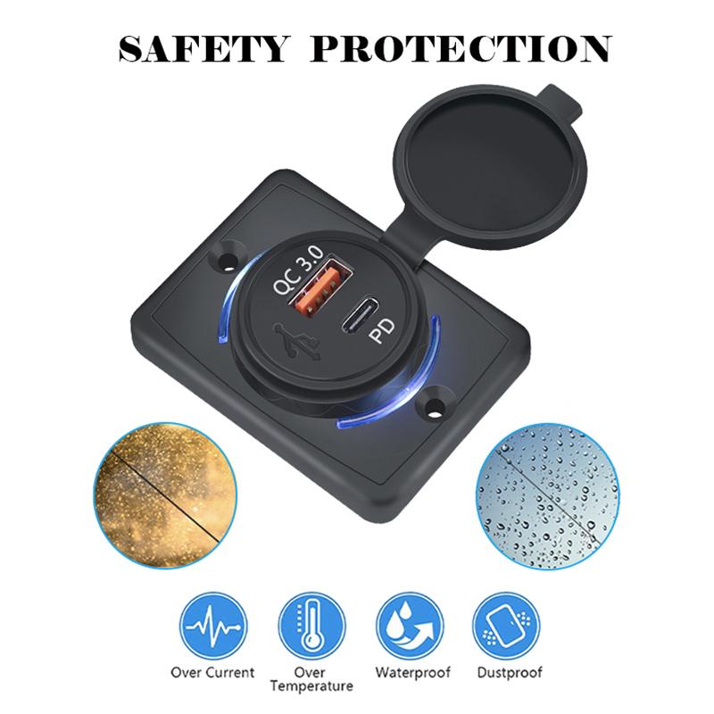12-24 В PD QC3.0 USB-розетка для автофургона, USB-розетка, панель 18 Вт, быстрая зарядка, автомобильное зарядное устройство со светодиодной подсветкой для автомобиля, автобуса, грузовика, лодки, квадроцикла, автофургона