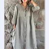 2023 Women's Cotton Linen Dress: Solid Color, Casual Stand-up Collar, Button-Down Long Dress