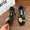 Fashion Socialite Golden Orchid Ribbon Square Head High Heels With Thin Water Drop With Fashion Party Daily All-In-One Sandals For Women