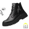 New Fashion Black Leather Men Work Safety Boots Zip Ankle Indestructible Steel Toe Cap Anti Smashing Shoes Male Footwear