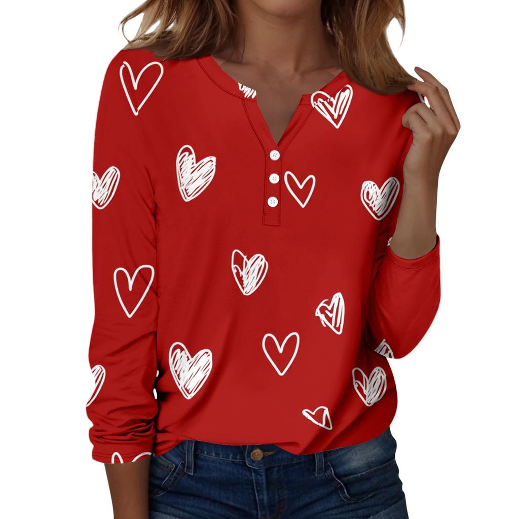 Женская футболка с рождественским принтом на пуговицах с длинным рукавом, повседневная, выходного дня, модная, базовая, с V-образным вырезом, обычная