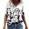 2024 New Women's Short-Sleeved T-Shirt V-Neck Printed Kitten Pattern Oversized Women's Blouse Y2K Style Summer Casual Breathable