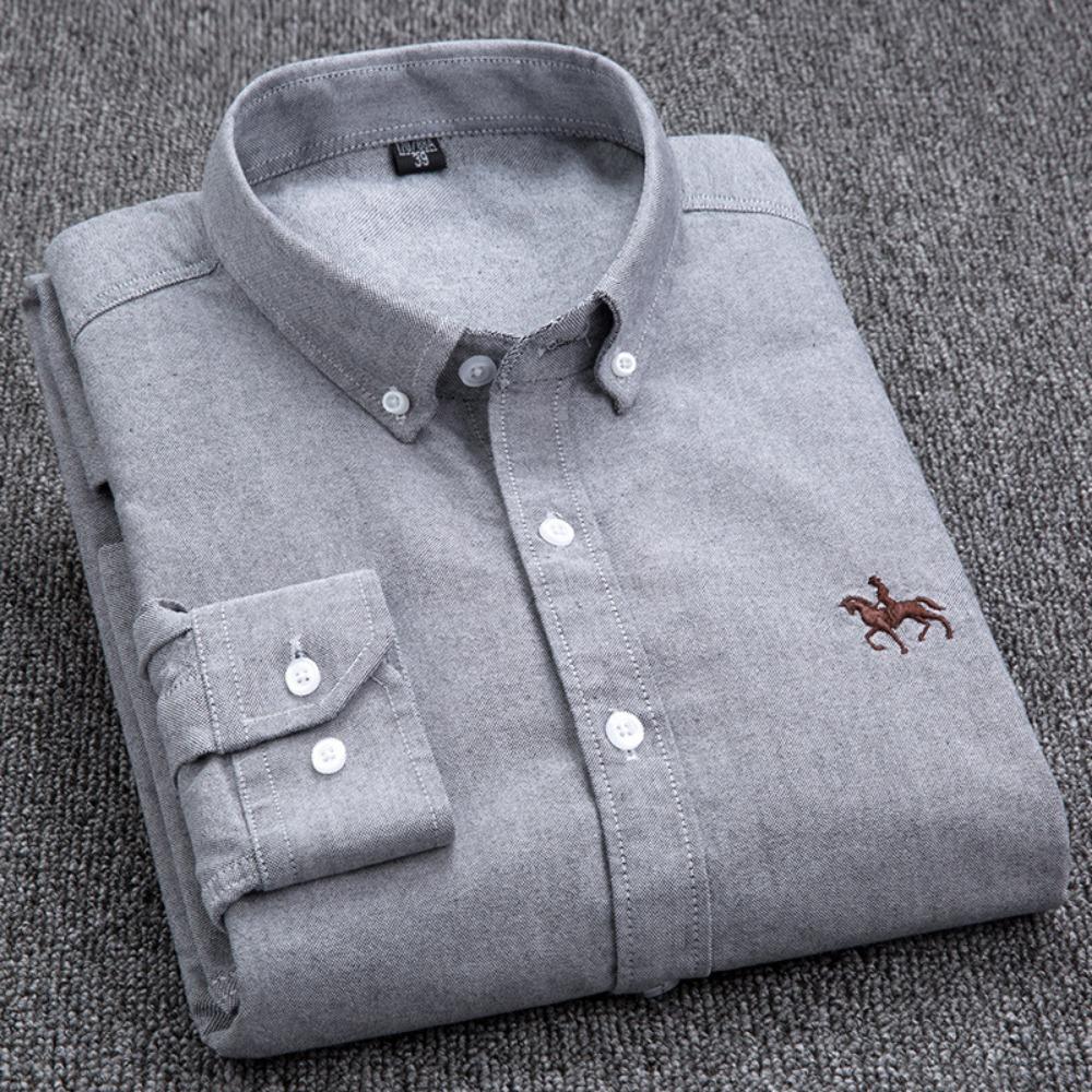 Men's Cotton Shirt Solid Color Business Casual Formal Embroidery Shirts Long Sleeve Lapel Male Fashion Standard Fit Button Up