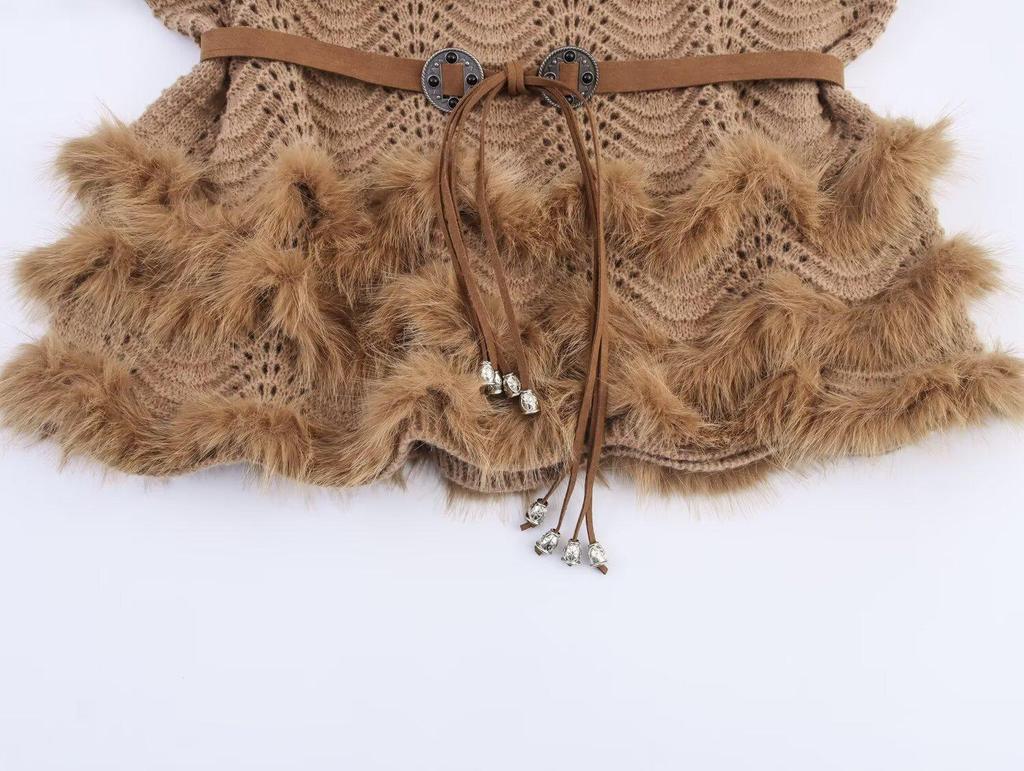 NSSF Handmade Crochet Wave Hem Tie-Waist Furry Women's Pullover Sweater