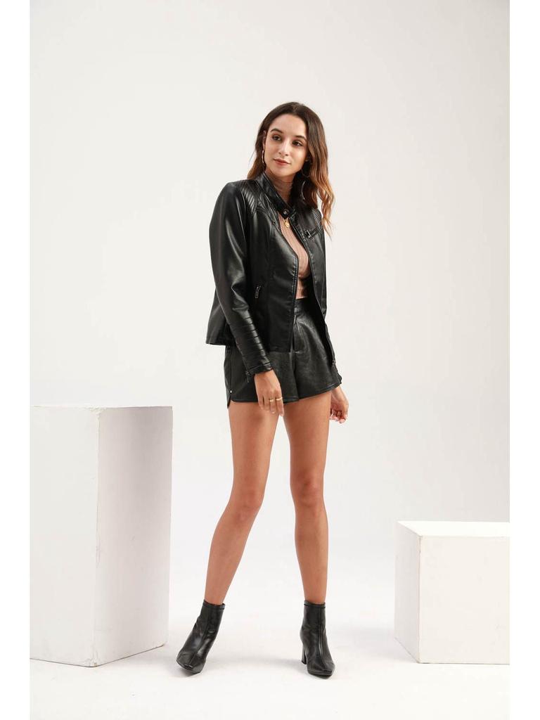 Women's European & American Spring/Autumn Leather Motorcycle Jacket - Stylish Short Design