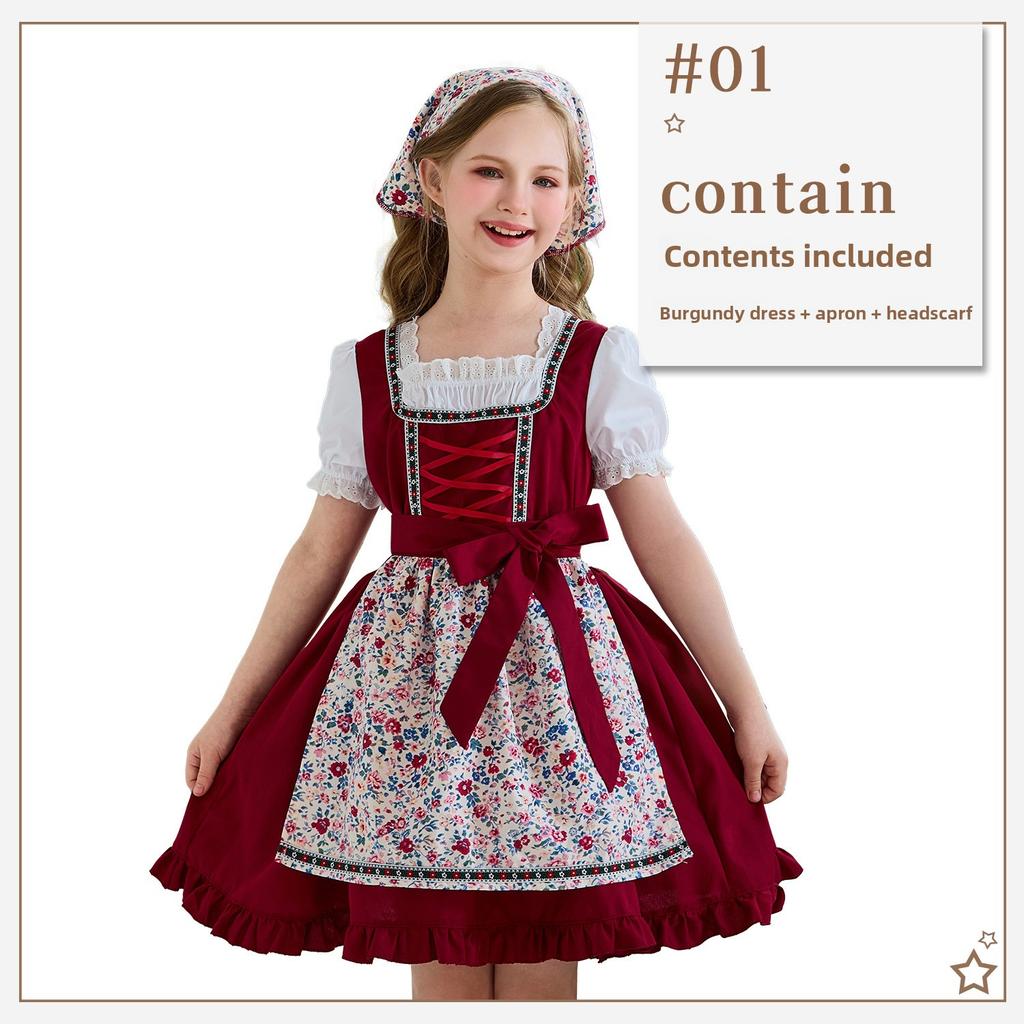 Girls Dirndl Dress Costume, Polyester, Short Sleeve, Burgundy, Green, Pink, Purple, Yellow