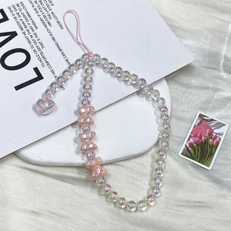 Korean Cute Charm Pink Butterfly Love Heart Phone Chain For Iphone Girl Women Jewelry Strap Beaded Lanyard Hanging Cord Bracelet