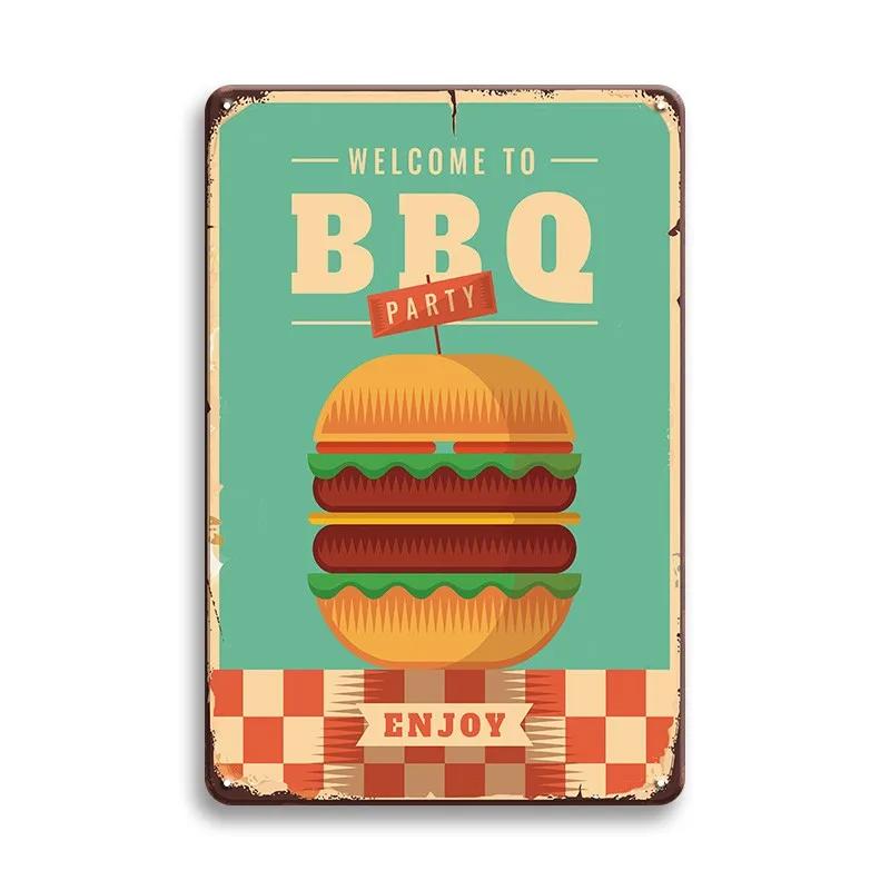 Hot Dog Fresh Hamburgers Metal Signs BBQ Vintage Posters Home Kitchen Wall Decor Iron Plate Painting Fast Food Shop Plaques