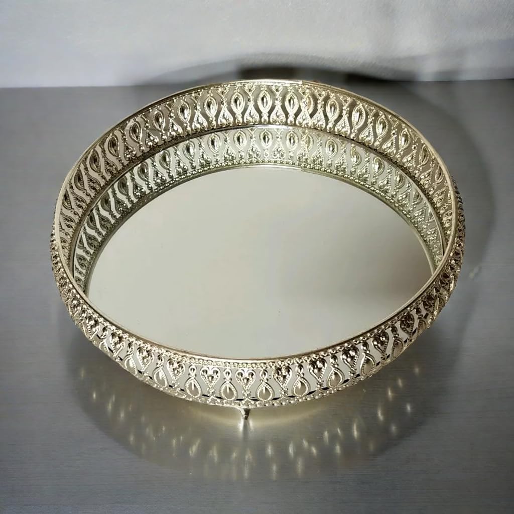 Round German Silver Tray | Silver Plated | Round Decorative Tray | Best Gift for Pooja | Décor | Diwali | Anniversary Size: 10x10"