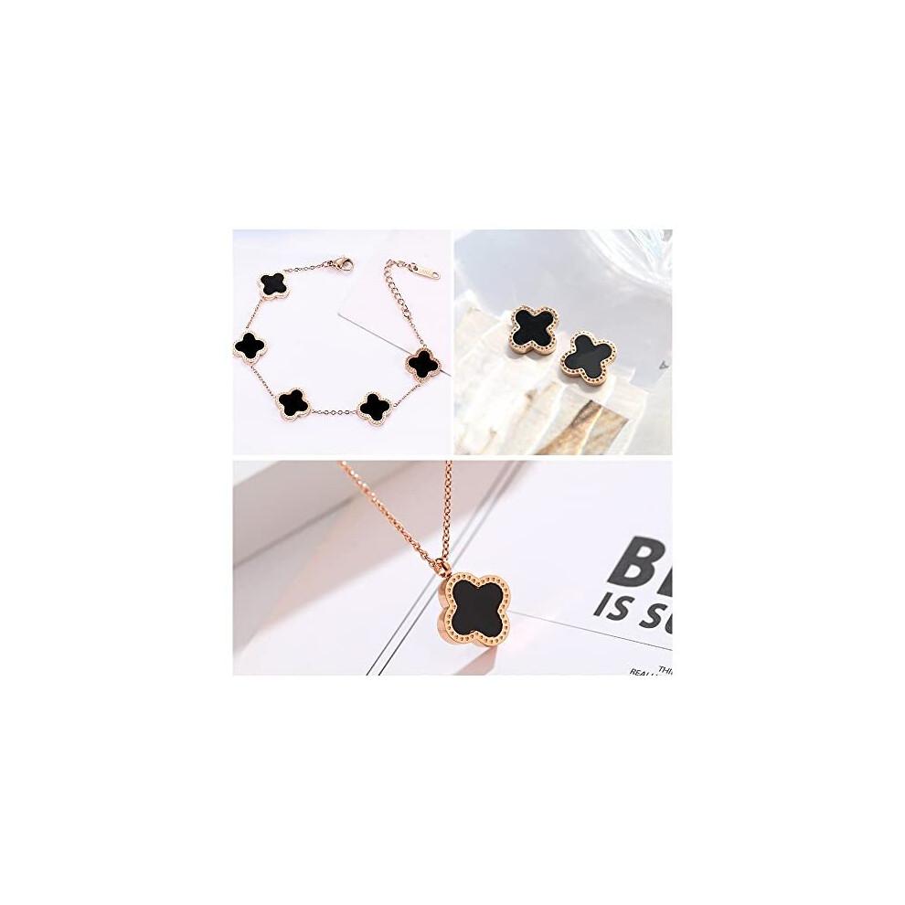 TOFBS Four-Leaf Clover Jewellery Set for Women Girls 18K Rose Gold Plated Stainless Steel Double-sided Four-Leaf Clover Pendant Necklace Stud Earrings