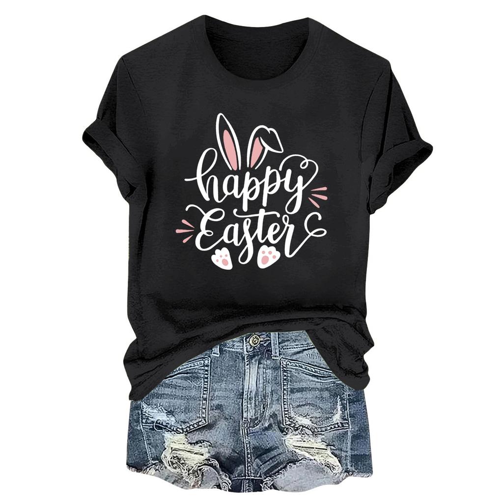 Женская модная пасхальная принтованная повседневная плиссированная круглая футболка с коротким рукавом