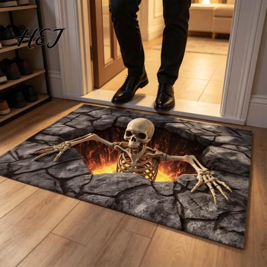 Skeleton Pit Rug 3D Halloween Rug, Optical Illusion Realistic Depth Pattern, Horror Entryway Decoration Spooky Pumpkin Non-slip Door Mat for
