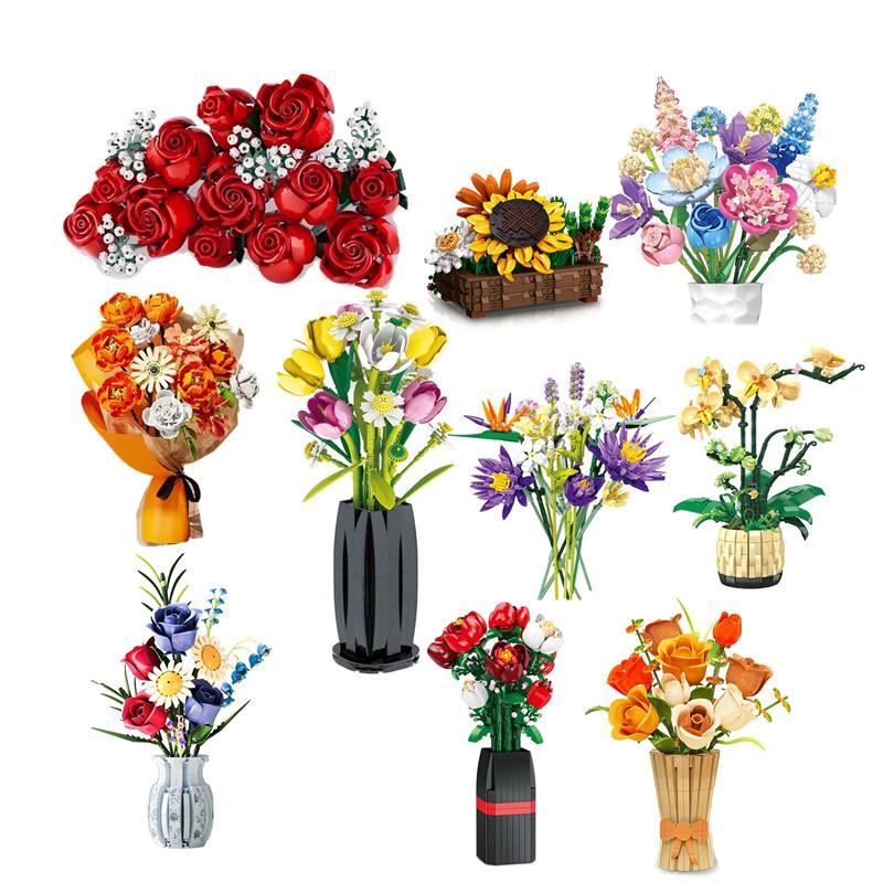 Plastic Blocks Simulation Flowers Building Bricks Eternal Plant Preserved Rose Artificial Bamboo Adult Toy Mom Gift Girl Present