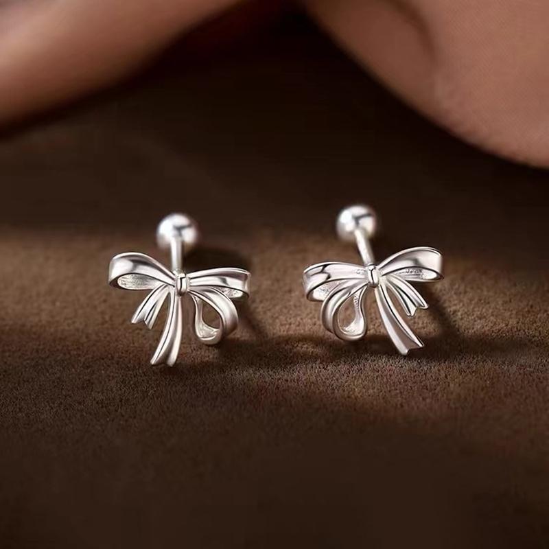 Real 925 Silver Bowknot Bead Screw Mini Stud Earrings For Women Classic Fine Jewelry Light Accessories In Summer