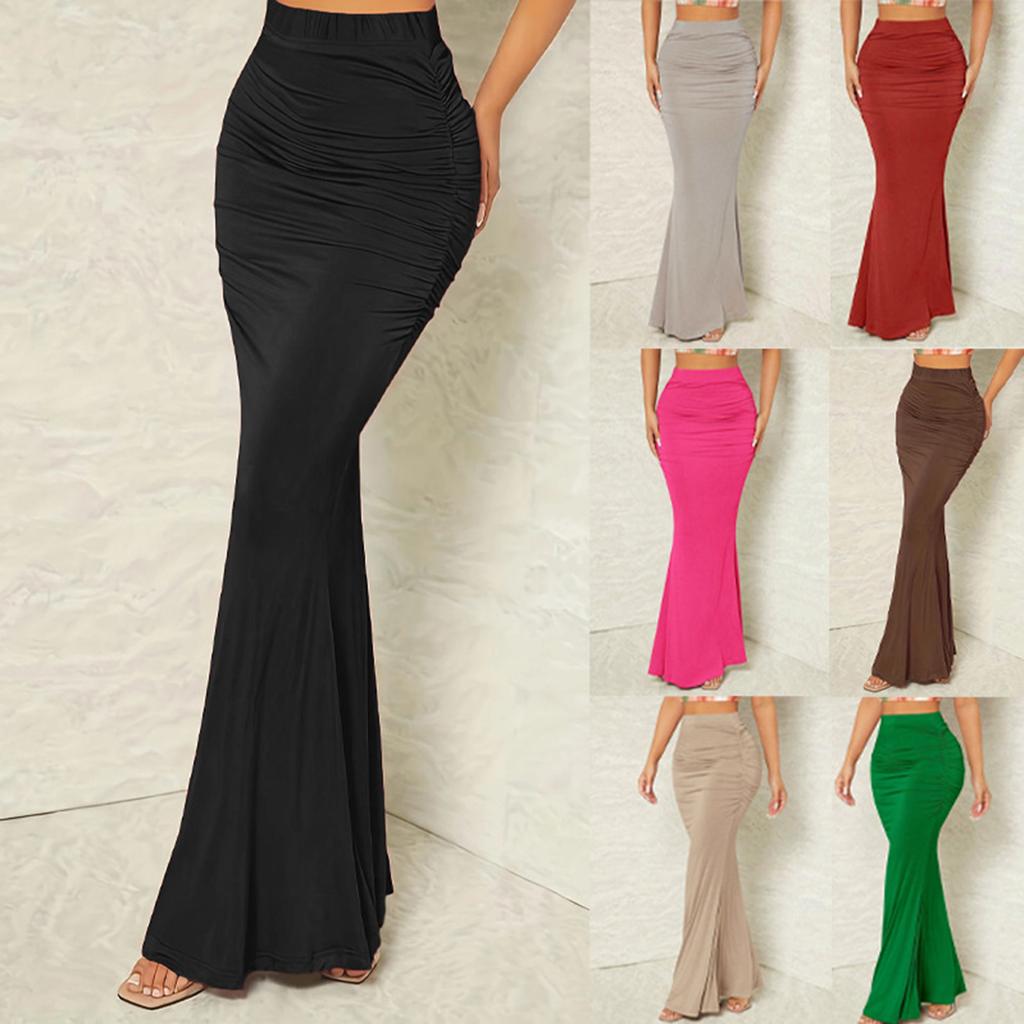 Women's Fashion Solid-Colour High-Waisted Slimming Stretch Pleated Fishtail Skirt