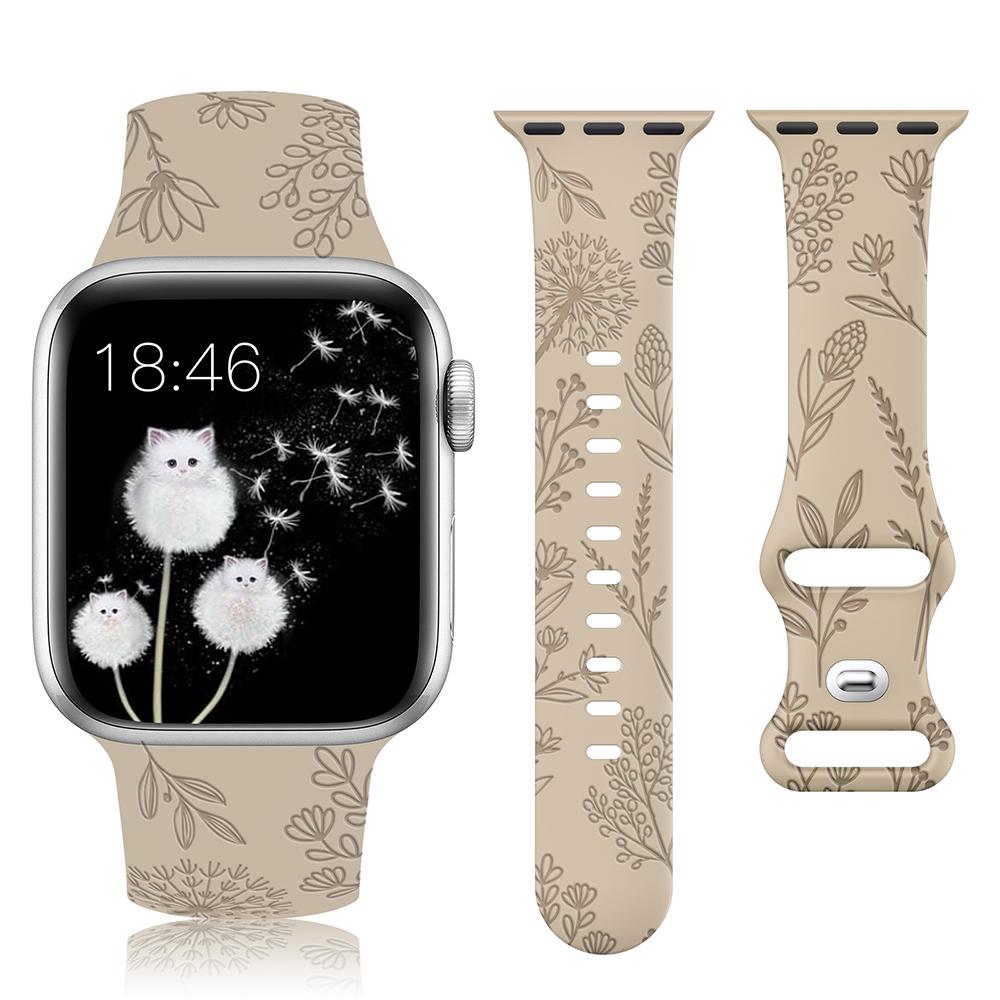 Floral Engraved Band for Apple Watch 41/40/38/42/45/49 Dandelion Flower Pattern Silicone Strap for IWatch 8/7/6/5/4/3/SE