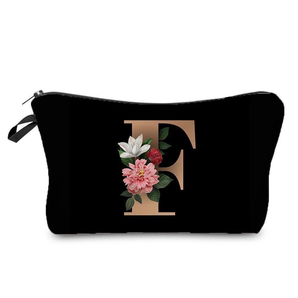 26 Initials Flower Cosmetic Bag A-Z Letter Makeup Bags Women Travel Bridesmaid Gift Ladies Portable Cosmetic Case Beauty Bag
