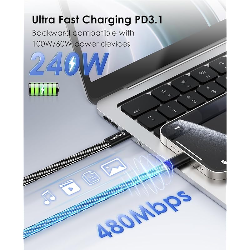 Magtame Type C Cable Flat Flat Magnet Automatic Storage 240W/5A Fast Charging Type-c Cable QC4.0/PD3.1 Compatible Usbc-usbc Cable Metal Connector