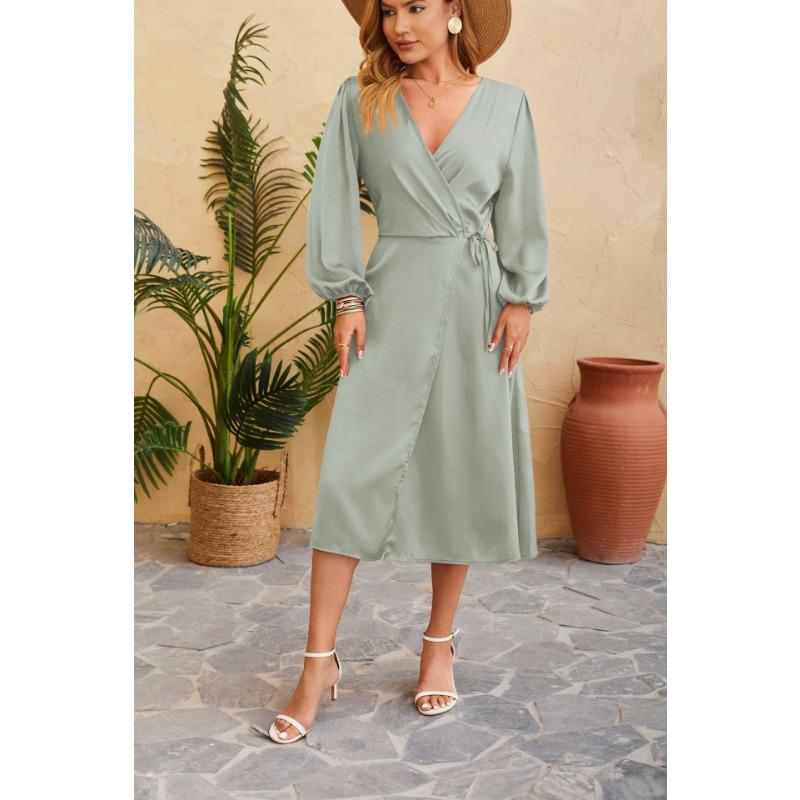 Весенне-осеннее женское платье, однотонное сексуальное платье с v-образным вырезом и разрезом подол