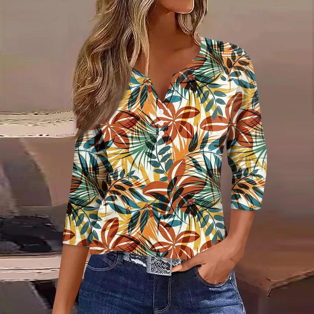 Жен. Футболка Футболка С принтом Пуговицы Рукав 3/4 Повседневные Выходные Мода Классический Классический V-образный вырез Обычный Верх