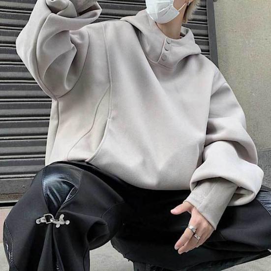 Fall Winter Men Hoodie with Big Pockets Buttoned Hood Loose Elastic Cuff Warm Pullover Mid Length Hip Hop Solid Color Top for Sport Daily Wear