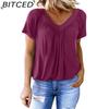Летняя новая однотонная футболка с V-образным вырезом и короткими рукавами для женщин