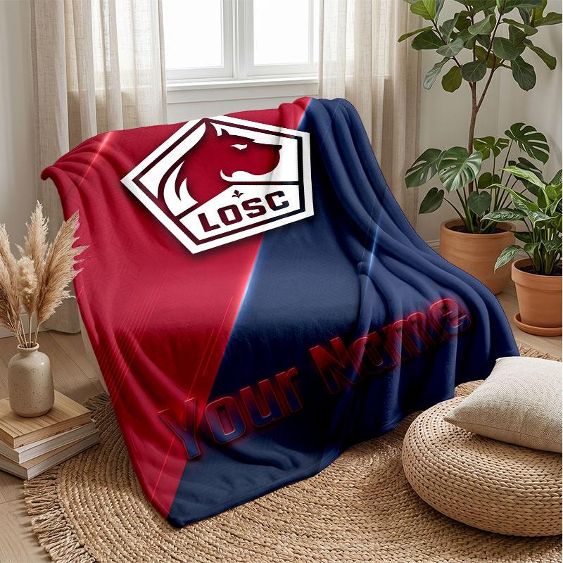LOSC Lille Custom Name Text Flannel Blanket Soccer Logo Personalized Fleece Throw Blanket Special Gift For Sofa Bedroom Home